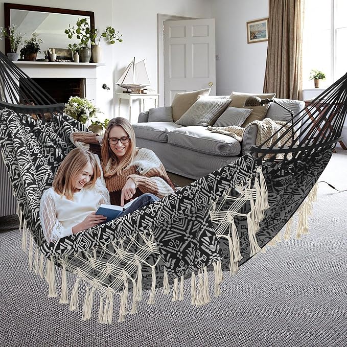 2 Person Hammock with PillowIndoor Hammocks with Portable Carry Bag Deluxe Macrame FringeCurved Spreader BarSide PocketPolycotton FabricUp to 450Lbs for PatioPorchBackyardBeachOutdoor