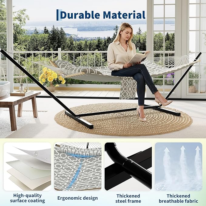 2 Person Outdoor Hammock with Stand 450LBS Capacity Heavy Duty Hammock with Carrying Bag &amp Soft Pillow Portable Indoor Outdoor Hammock Perfect for Backyard Patio Beach