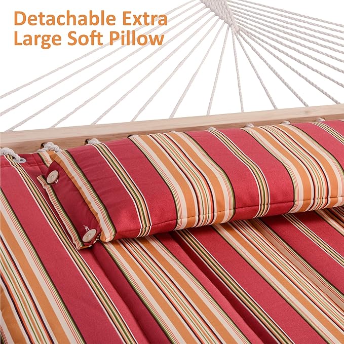 SUNCREAT Outdoor Hammock with Stand Two Person Quilted Fabric Hammock Swing with 12ft Steel Stand Red Stripes