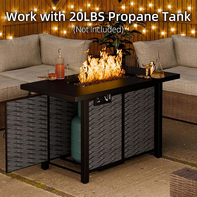 43 Propane Fire Pit Table with Glass Wind Guard &amp Lid 50000 BTU Outdoor Gas Fireplace Weather-Resistant Smokeless 2-in-1 Rectangular Coffee Table for Patio Garden