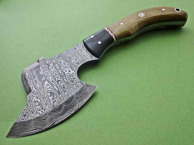 Poshland AX-45 Custom Handmade Damascus Steel 9 Inches Axe - Exotic Wood and Bull Horn Handle