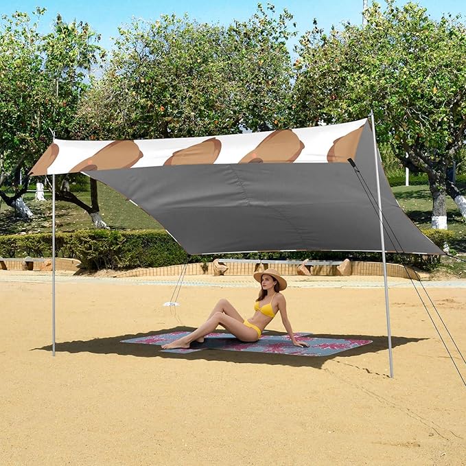 Capibara Beach Canopy Sun Shelter with Sandbags &amp Sand Shovel &amp Windproof Ropes - Portable 110x126 Beach Shade Beach Tent for Camping Picnics