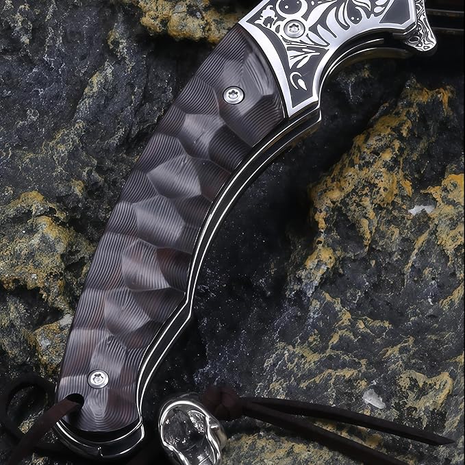 Damascus Steel Folding Knife Hunting Knives &amp Tools Personalized Engraving HRC 58-60 Damascus Hunting Knife with Leather Sheath Lightweight Outdoor Knife for Backpacking Men Gifts