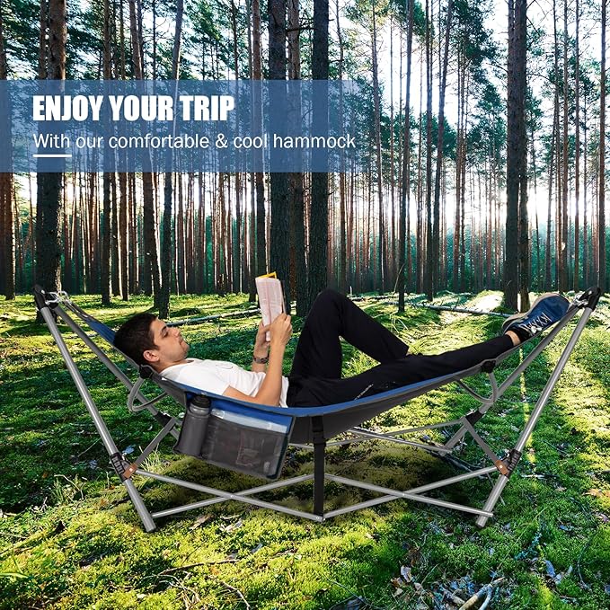 Portable Folding Hammock w/Side Pocket Lounge Camping Bed w/Metal Stand &amp Anti-tip Buckles Outdoor Camping Hammock with Carrying Bag for Patio Garden Yard Easy Assembly (Blue)