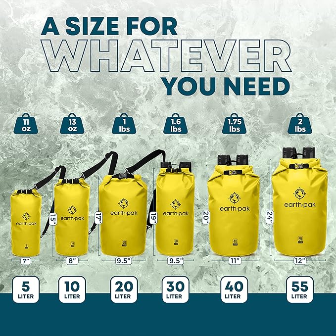 Earth Pak Waterproof Dry Bag - Roll Top Waterproof Backpack Sack (Yellow 40L &amp 55L)