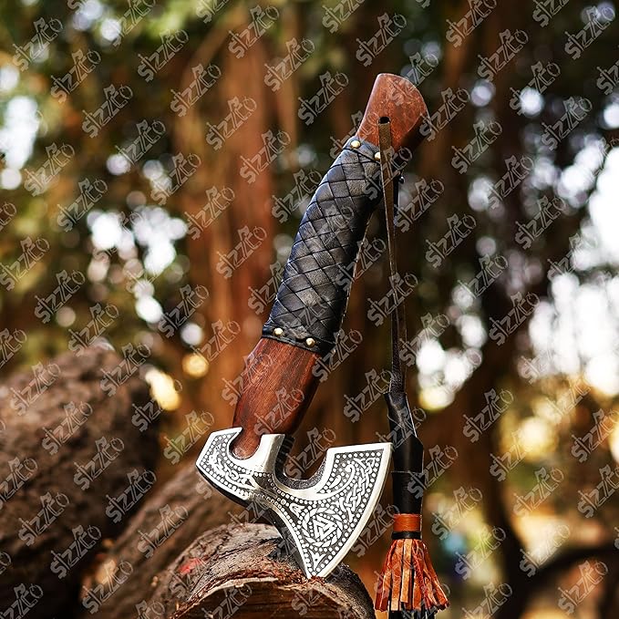 Russian Valknut Wood Viking Style Bearded Axe Tomahawk - Real Hatchet Best Gift for Anniversary Valentine's Day Birthday Premium Leather Sheath with Leather Wrap Handle Perfect Hand Grip