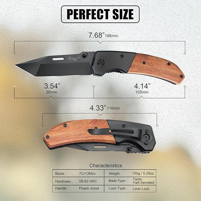 Vickay Pocket Knife Folding Knife with Clip - 3.54″ Steel Blade Wood Handle EDC Knife for Men &amp Women Outdoor Camping Hunting Hiking Fishing - Father’s Day Gift (Black)