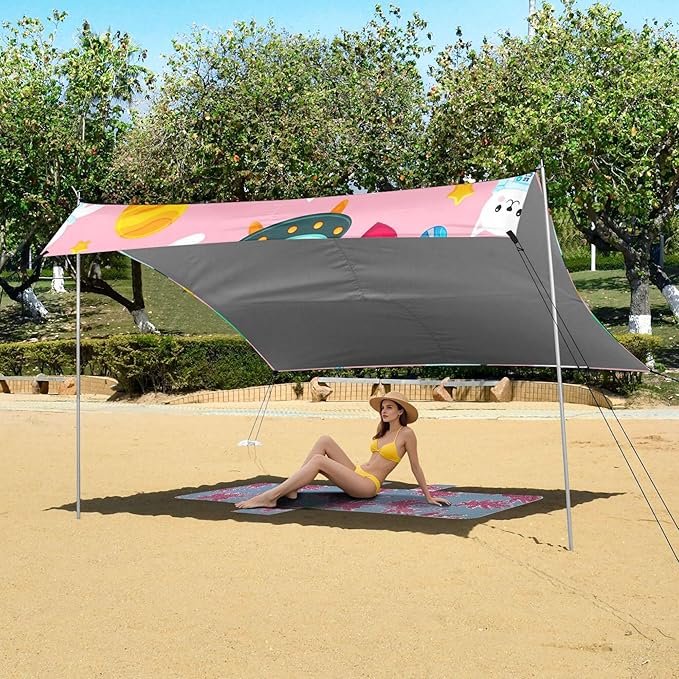 Astronaut Cats Beach Canopy Sun Shelter with Sandbags &amp Sand Shovel &amp Windproof Ropes - Portable 110x126 Beach Shade Beach Tent for Camping Picnics
