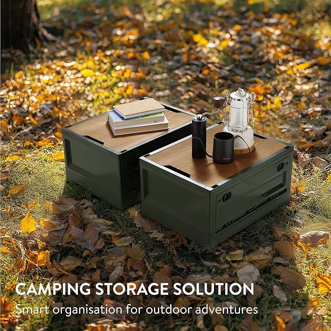 Navaris Camping Storage Box Green - 35L Foldable Bin with Pine Wood Lid - Collapsible Folding Crate - Easy to Disassemble Plastic Storage Crates - Stackable Design with Wheels