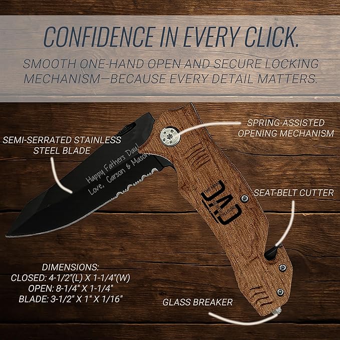 Craft &amp Clan Personalized Pocket Knife for Men with Clip | Laser Engraved Dad Design Folding Utility Knife Tactical Switchblade for Camping Hunting Rescue | Custom Birthday Gift for Daddy Husb