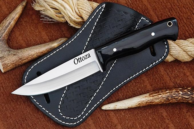 Ottoza Full Tang Bushcraft Knife with 1095 Carbon Steel Fixed Blade - Survival and Outdoor Camping Knife - Black Cross Draw Sheath and Cow Horn Handle 426