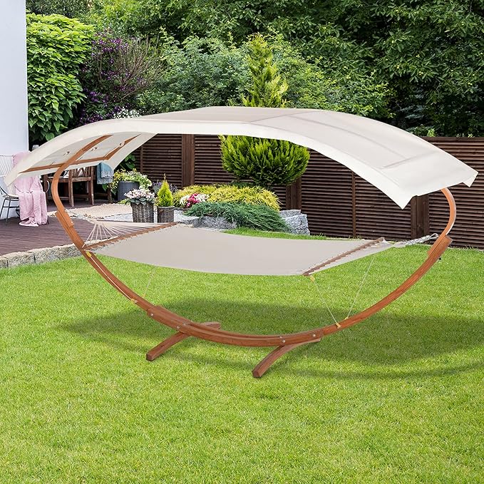 Outdoor Hammock with Stand Accessories Heavy Duty Wooden e Extra Large Sun Shade Canopy Indoor Outside Boho Style Nap Bed Natural Cotton White