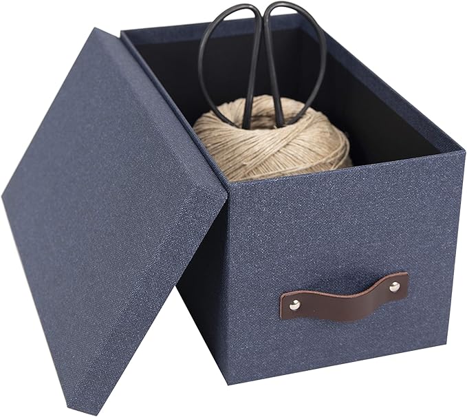Bigso Box of Sweden Silvia Organizational Storage Box with Leather Handle for Shelves and Stacks Easily - Durable and Decorative Storage Boxes with Lids - 5.9 in x 6.5 in x 11.6 in - Blue