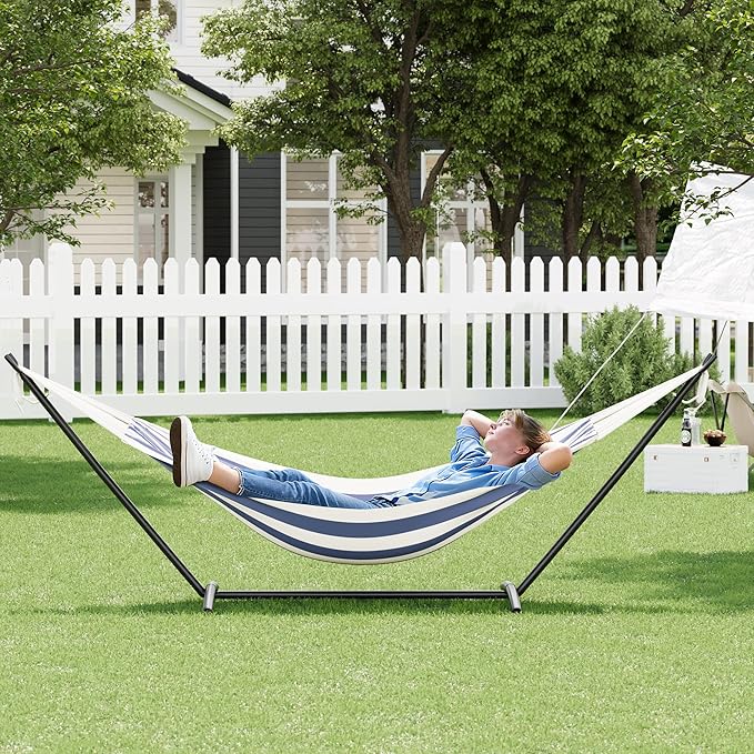 GAOMON Double Hammock with Steel Stand for Outside Portable Space Saving for Indoor Outdoor Patio w/Carrying Bag 450 lbs Capacity - Blue&ampWhite Stripes