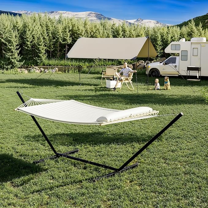 2-Person Hammock Suite with Stand450lbs Capacity 2 Person Cotton Rope Portable Hammock with Polyester Quilted Pad and Pillowfor Garden YardCamping and Patio.White