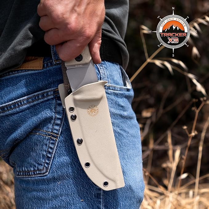 Off-Grid Knives - TRACKER-X3 Fixed Blade Knife Cryo D2 Blade Steel G10 Scales Kydex Sheath OG Lo-Pro Belt Attachment Camping Bushcraft Hunting Survival (Coyote)