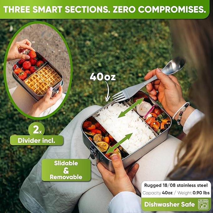 Blockhütte Stainless Steel Lunch Box for Adults I 40oz I with free Sealing I Metal Bento Box with 3 Compartments Leak-Proof Lunch Container Metal Food Storage for Travel Work Eco-Friendly