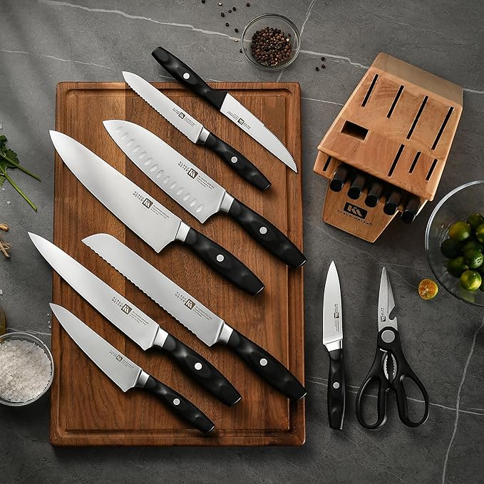 Klaus Meyer 15 Pieces Knife Block Set High Carbon German Stainless Steel Forged Sharp Blade Knife Set With Block Dishwasher Safe Cutlery