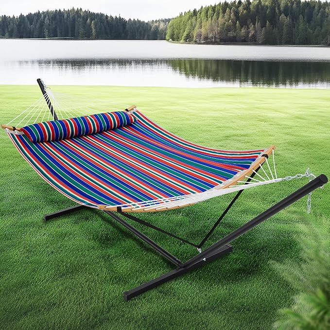 SUPERJARE Curved-Bar Hammock with Stand 2 Person Heavy Duty Hammock Frame Detachable Pillow &amp Portable Carrying Bag Perfect for Outdoor &amp Indoor Retro Blue and Green