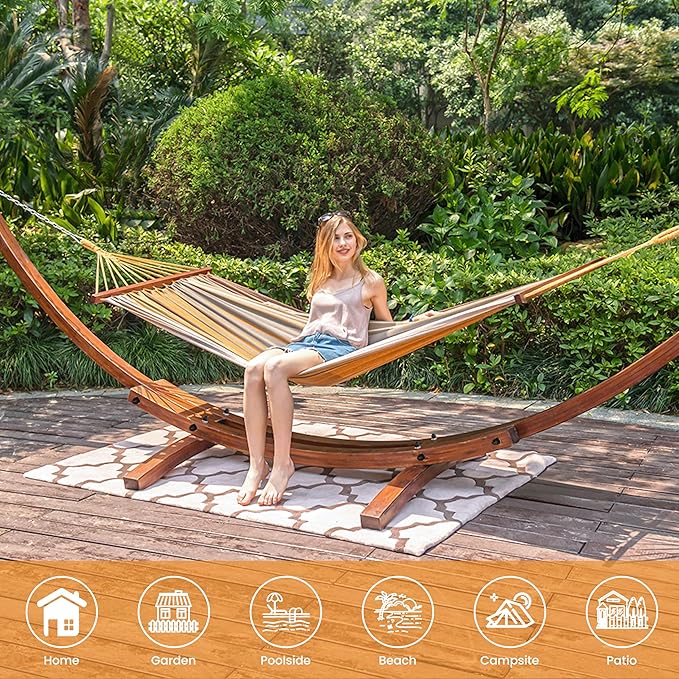 Lazy Daze Hammocks Cotton Fabric Spreader Bar Hammock and 10.5 Ft Wood Arc Hammock Stand Combo for Indoor Outdoor Patio Garden Backyard Khaki and Brown