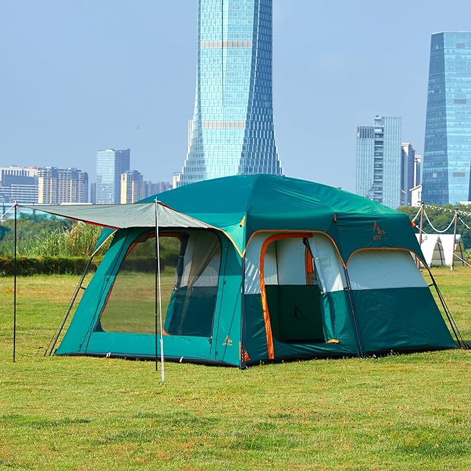 KTT Extra Large Tent 6-10-12-14 Person(A)Family Cabin Tents2 Rooms3 Doors and 3 Windows with MeshStraight WallWaterproofDouble LayerBig Tent for OutdoorPicnicCampingFamily Gathering