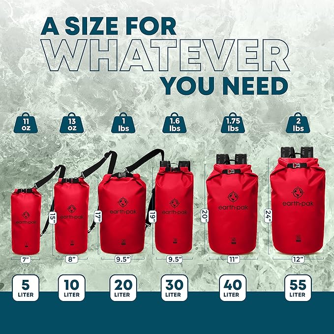 Earth Pak Waterproof Dry Bag - Roll Top Waterproof Backpack Sack (Red 55L &amp 20L)
