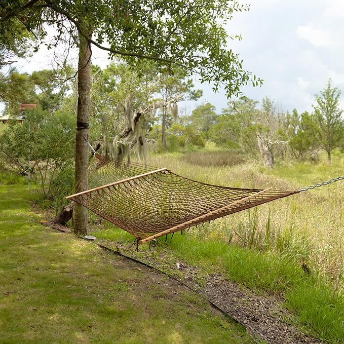 Castaway Living 13 ft. Double Traditional Hand Woven Antique Brown Polyester Rope Hammock – 2-Person 450 lb Capacity Free Extension Chains &amp Tree Hooks Designed in The USA