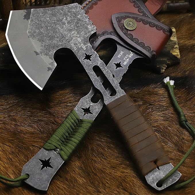 BA-KOR 12.2-inch DC53 Steel 10mm Thick Multi-Functional Survival Axe for Camping EDC Tool Jungle Logging Axe + Axe Sheath (5.9in) Cerium igniter