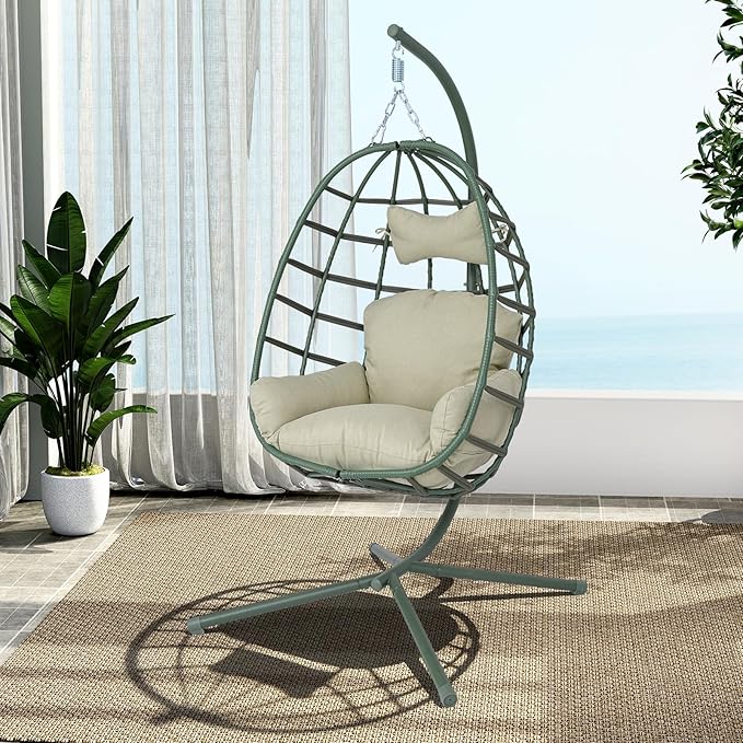 Hanging Egg Chair with Stand Outdoor Indoor Patio Rattan Swing Hammock Chairs with Washable Cushion 350lbs Capacity PE Wicker Swing Chair for Backyard Bedroom Garden (Dark Green + Cyan Cushion)