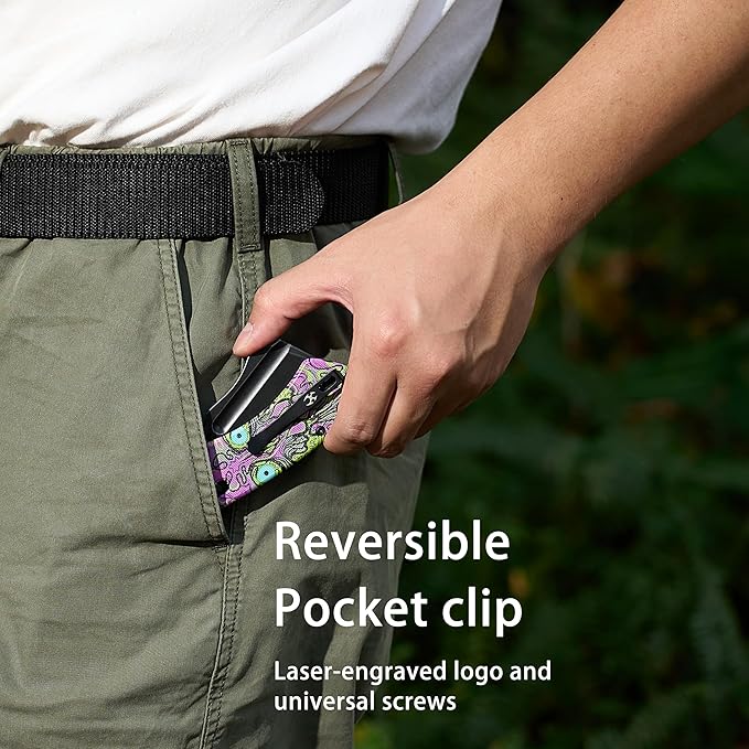 KANSEPT Korvid V Pocket Knife 2.91'' America Blackwash D2 Blade Jade G10 with Purple Undead Print Handle Thumb Stud with Crossbar Lock Double Sided Clip for EDC Camping Folding Knives TE2030V5
