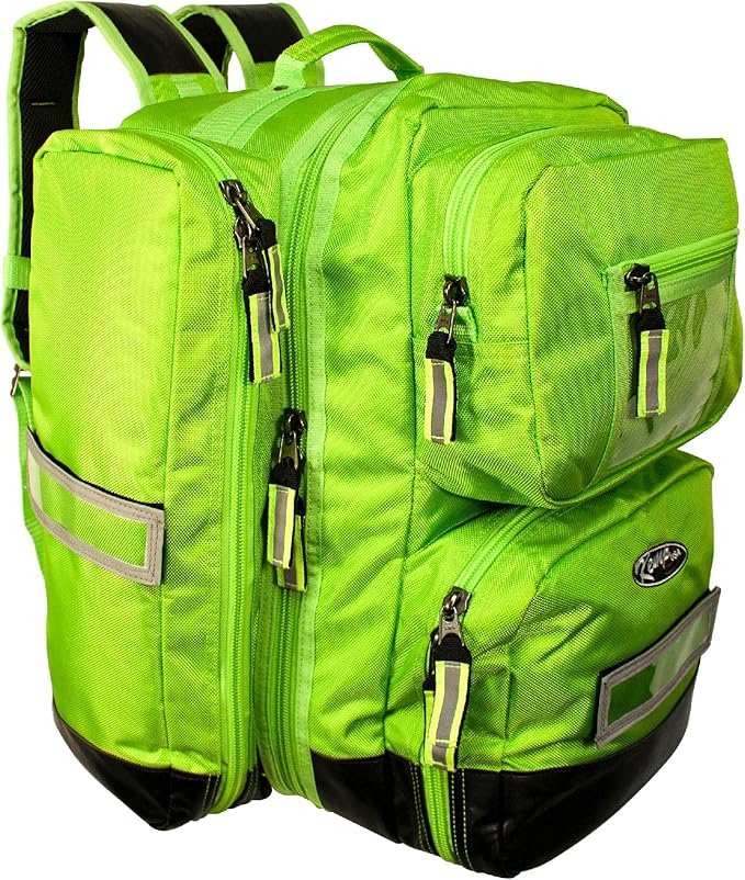 Kemp USA Ultimate EMS Backpack EMT Emergency Medical Bag Fits BLS ALS Gear and D Tank Oxygen Cylinder 1680D Nylon Multiple Grab Points Chest Waist Straps Color Coded Pouches Neon Green