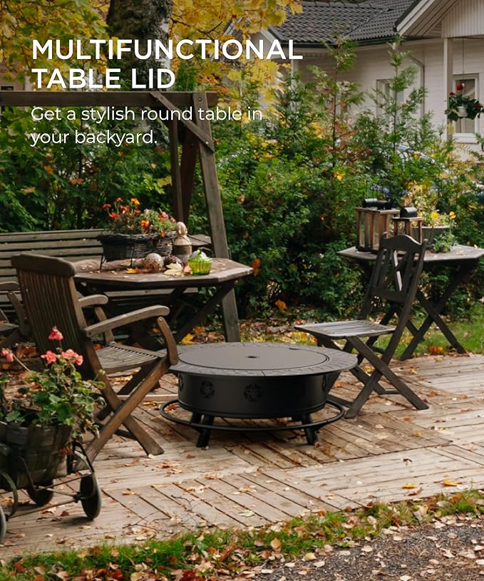 43 Inch Fire Pit with BBQ Grill Wood Burning Fire Pits for Outside with Lid &amp Poker Extra Large Heavy Duty Firepits BBQ &amp Outdoor Firepit &amp Round Metal Table 3 in 1 for Bonfire Patio