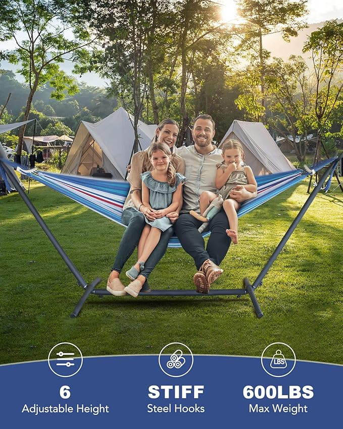 EveryFun Double Hammock with Heavy-Duty Steel StandPortableEasy Assembly600lbs Weight CapacitySuit for IndoorYardCampingor Outdoor-Fine Blue