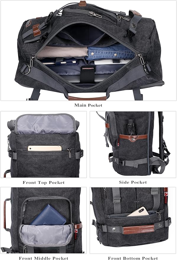 WITZMAN Canvas Backpack Vintage Travel Backpack Large Laptop Bags Convertible Shoulder Rucksack(A519-1 Black)