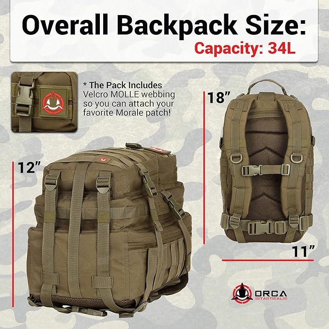 ORCA 34L Military Tactical Backpack – Heavy Duty Waterproof Rucksack for Camping Hiking &amp Survival 600D Polyester (OD Green)