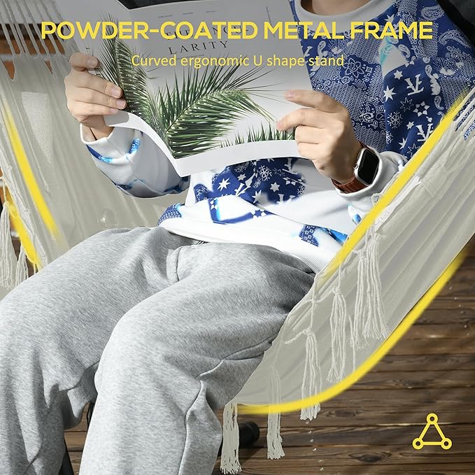 Outdoor Hammock Chair with Stand Patio Swing Hanging Chair with Pillow and Side Pocket 330 lbs Capacity Steel Frame Lounge Chair for Garden Balcony Cream White
