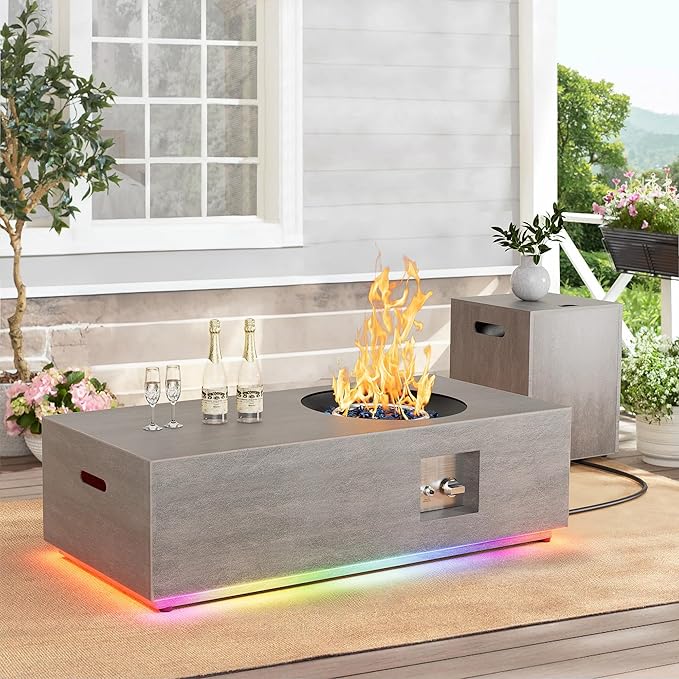 SUNPEAK 48 Propane Fire Pit Table Round Burner with Multiple Color LED Lights – 50000 BTU Fire Pit Table with Lid Rocks Cover and Tank Storage - Outdoor Fireplace Table (Grey/RGB Light 48 LED)