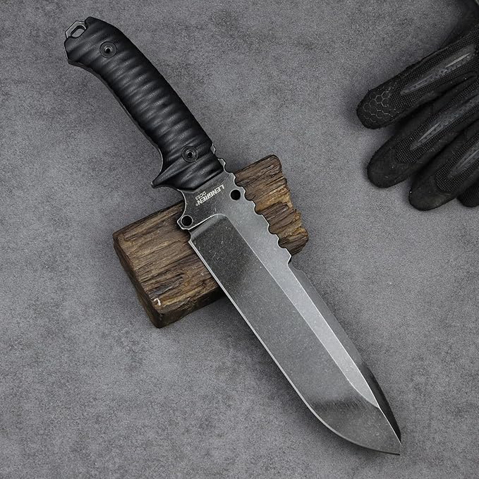 LENGREN【Eggplant 12.8 Inches 7MM THK Full Tang Heavy Fixed Blade Multifunctional Tactical Knife Drop Point DC53 Steel Kydex Sheath For Camping Hiking Hunting (Black)