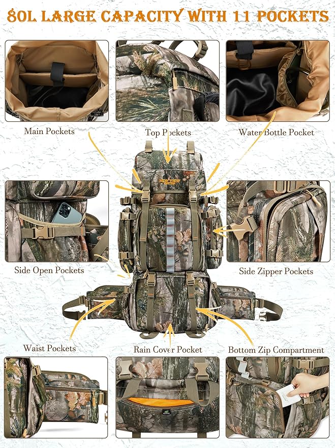 NEW VIEW Hunting Backpack for Men 80L Camo Bag for Deer Elk Waterproof Daypack with Rain Cover &amp Frame