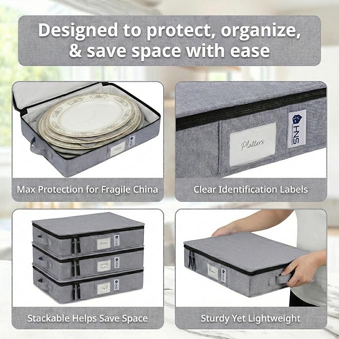 Platter Storage Containers - Hard Shell Protection for Fine China Sturdy Dish Organizer with Dividers for Seasonal Storage Moving &amp More - Protects up to 4 Platters (Gray)