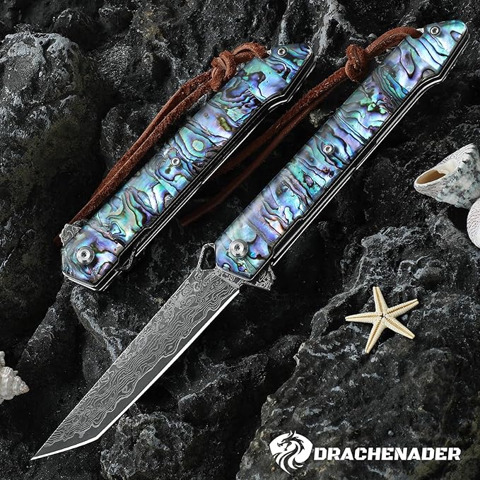 Damascus Pocket Knife 8.97 Tanto Folding Knife Handmade Forged VG10 Core 67-Layer Damascus Steel with Abalone Seashell Handle Leather Sheath