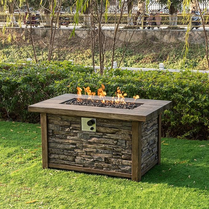 Afterglow Outdoor Retangular TerraFab Propane Fire Pit Table for Outside Patio Backyard Garden with Weather Cover and Lava Rocks 50000 BTU 43.5”Lx27.36”Wx23.8”H Brown CSA Certificated