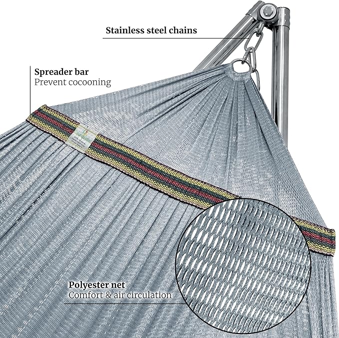 Tranquillo Adjustable Hammock Stand Collapsible Camping Hammock with Stand 650 lbs Capacity Double Hammock Stand Foldable Stainless Steel Breathable Polyester Hammock Net Carry Bag Included Grey