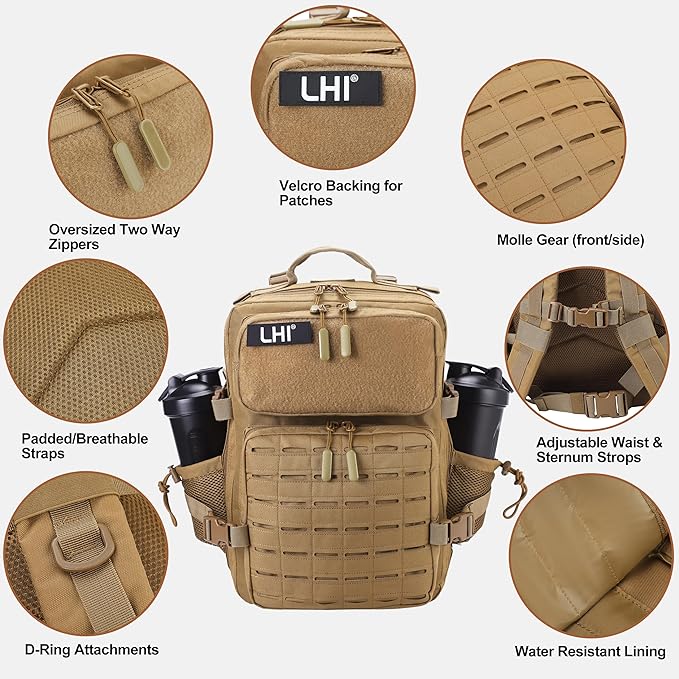 LHI Tactical Military Backpack for Men 25L/45L Large Molle Army Assault Pack 3 Day Hiking Rucksack With Bottle Holder