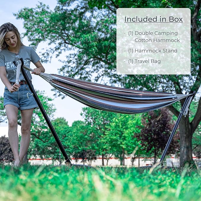 Backyard Expressions - 914921 - Portable Double 2 Person Outdoor Hammock with Stand - Brown and Gray - 9 x 3 Foot Hammock