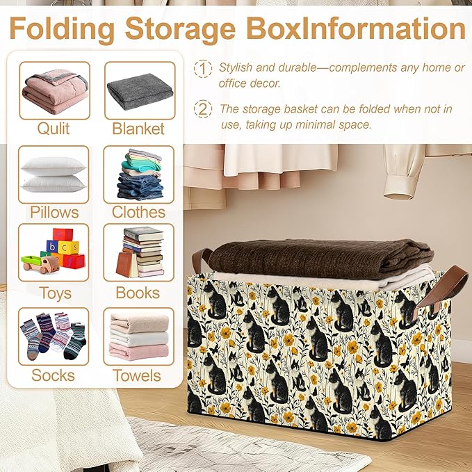 Black Cat Flower Storage Bin with Handles Basket Storage Organizer for Shelves Closet Nursery Book Laundry Hamper &amp Home Decor