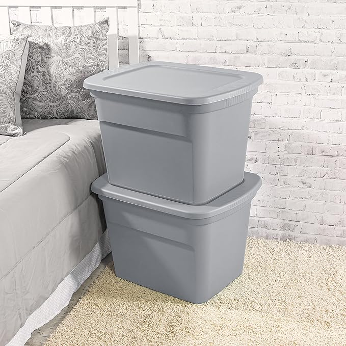 Sterilite 18 Gal Storage Tote Stackable Bin with Lid Plastic Container to Organize Clothes in Closet Basement Gray Base and Lid 8-Pack
