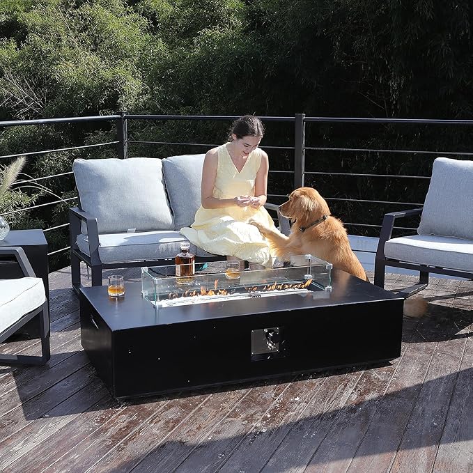 NAGA HABNA 56 Inch Propane Fire Pit Table Rectangle Outdoor Fire Table w Tank Table (50000 BTU) 3 Piece Gas Fire Pit in Black w Glass Wind Guard and White Fire Glass for Garden Pool Backyard