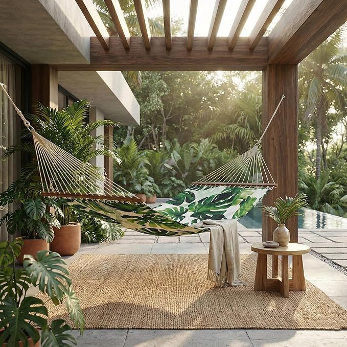 Fab Habitat Tropical Botanical Recycled Polyester Hammock - Panama - Green - Indoor/Outdoor Quick Dry 2 Person 460 lbs Capacity - Patio Poolside Backyard Garden Beach - 12-14 ft Adjustable