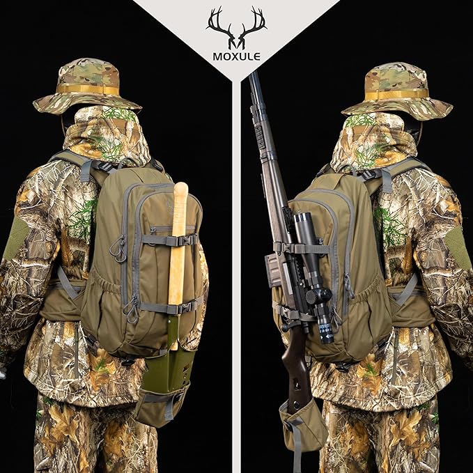 MOXULE Hunting Backpack Waterproof Pack: 25L Hunting Gear with Rain CoverHunting Day Pack with Rifle Bow Gun Holder (Green)